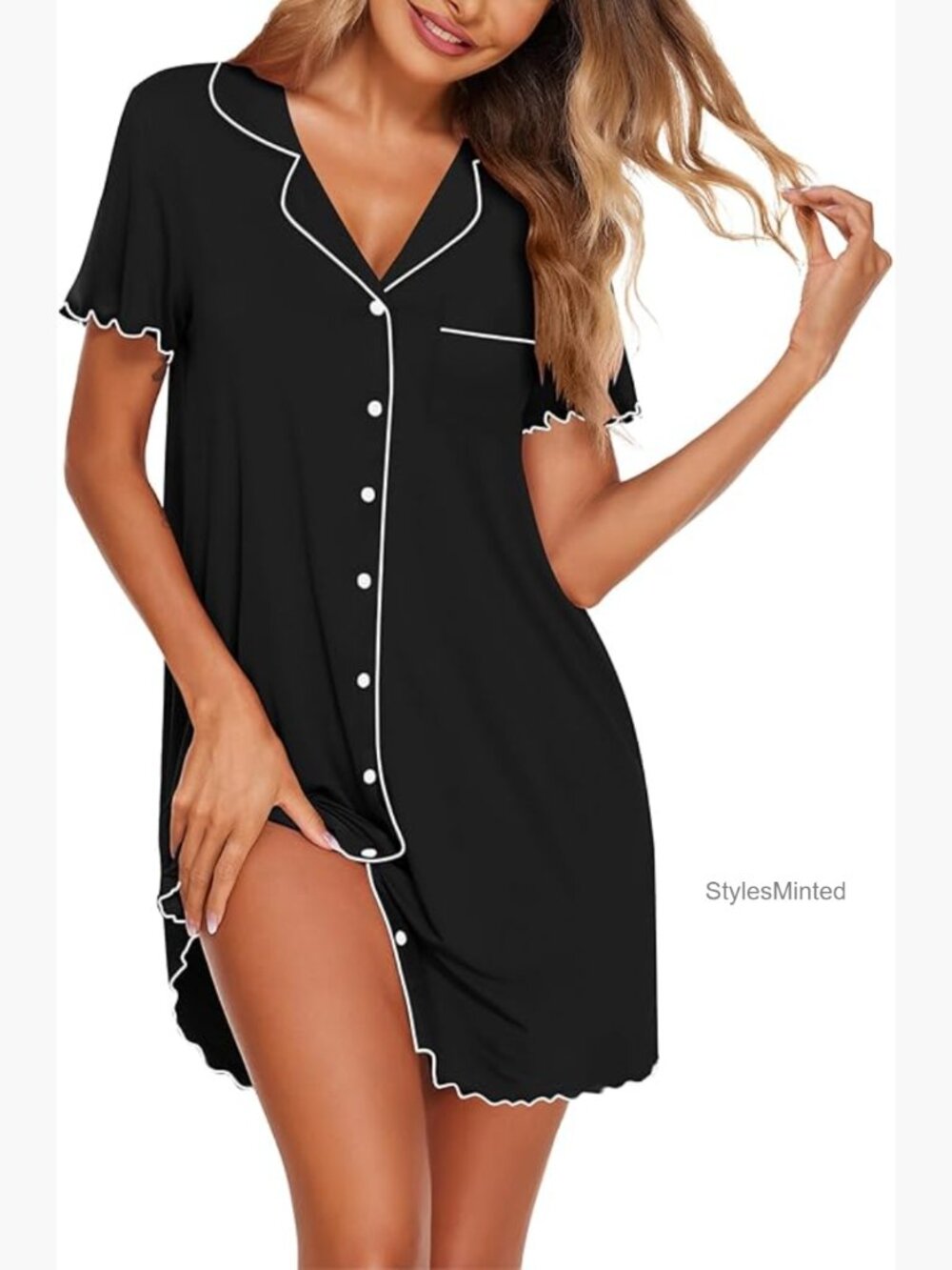 Button Down Sleepshirt Short Sleeve Nightshirt Loungewear Pajama Dress Soft